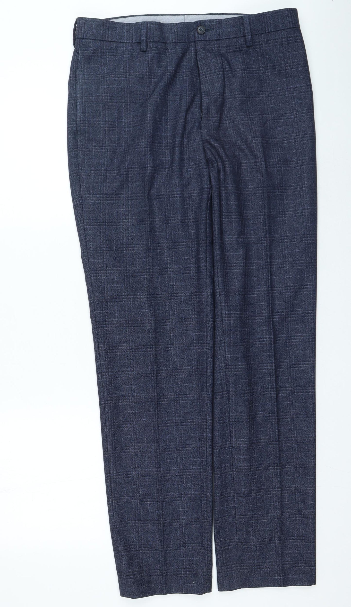 Marks and Spencer Mens Blue Plaid Polyester Trousers Size 34 L29 in Regular Zip