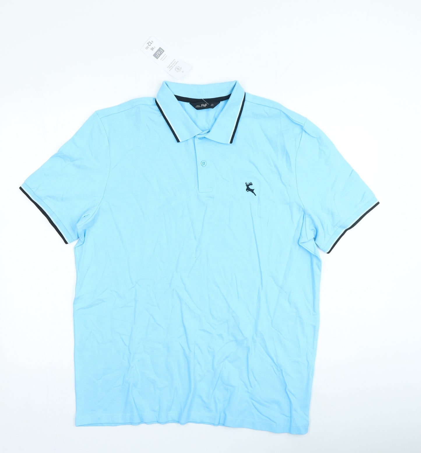 F&F Mens Blue Cotton Polo Size L Collared Button