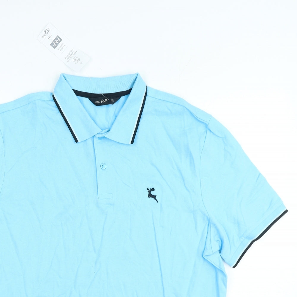 F&F Mens Blue Cotton Polo Size L Collared Button