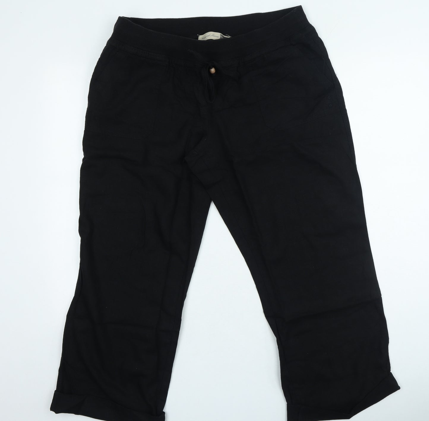 South Womens Black Linen Cropped Trousers Size 16 L24 in Regular Drawstring