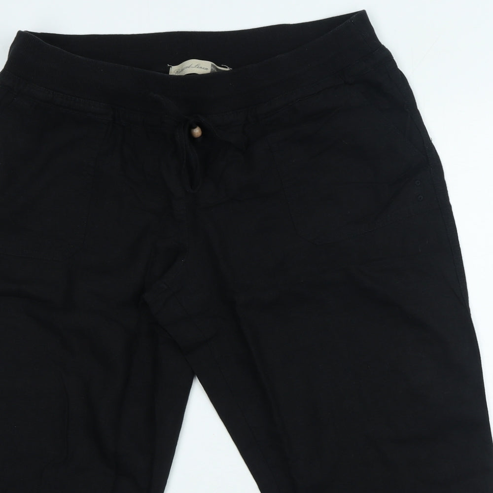 South Womens Black Linen Cropped Trousers Size 16 L24 in Regular Drawstring