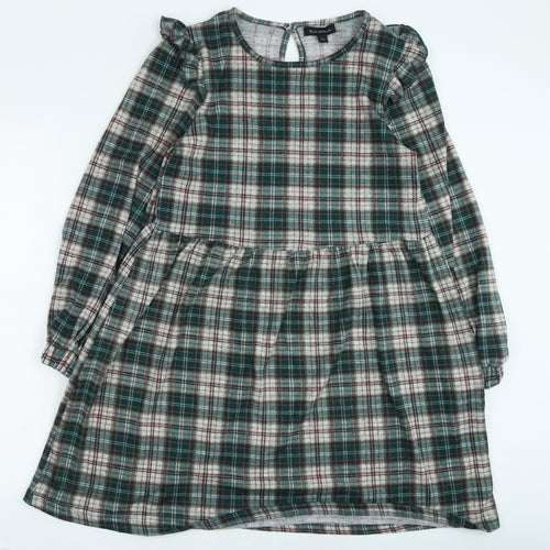 Blue Vanila Womens Green Plaid Polyester Fit & Flare Size M Round Neck Pullover