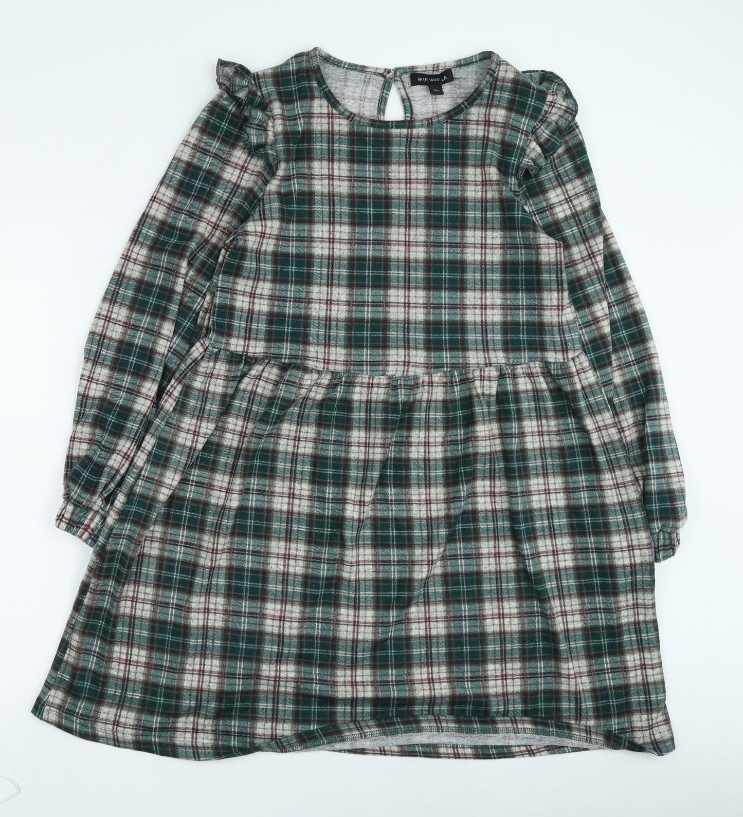 Blue Vanila Womens Green Plaid Polyester Fit & Flare Size M Round Neck Pullover