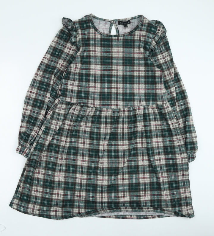 Blue Vanila Womens Green Plaid Polyester Fit & Flare Size M Round Neck Pullover