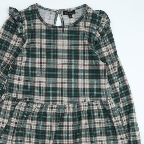 Blue Vanila Womens Green Plaid Polyester Fit & Flare Size M Round Neck Pullover