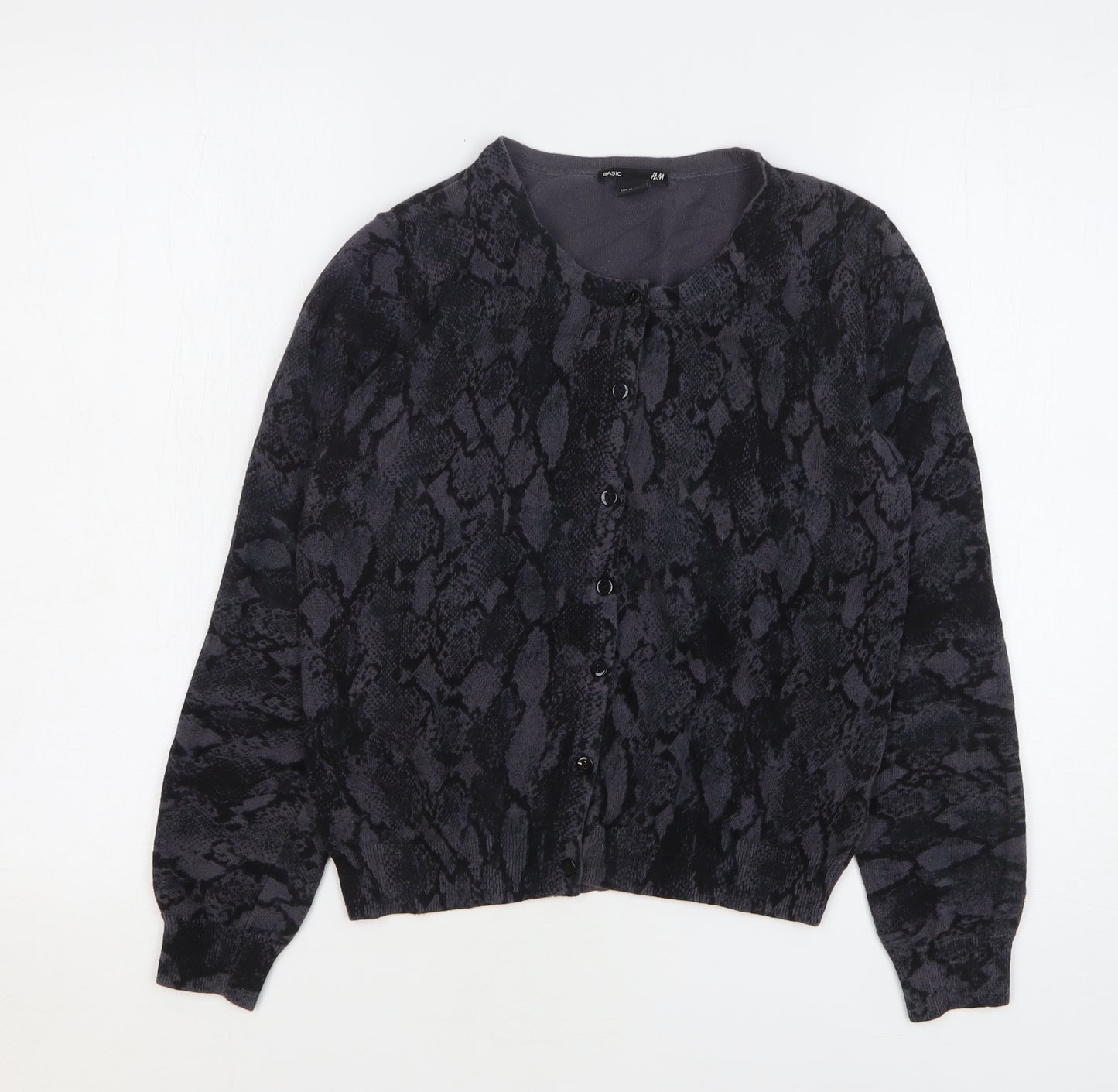 H&M Womens Grey Round Neck Animal Print Cotton Cardigan Jumper Size M - Snake Skin