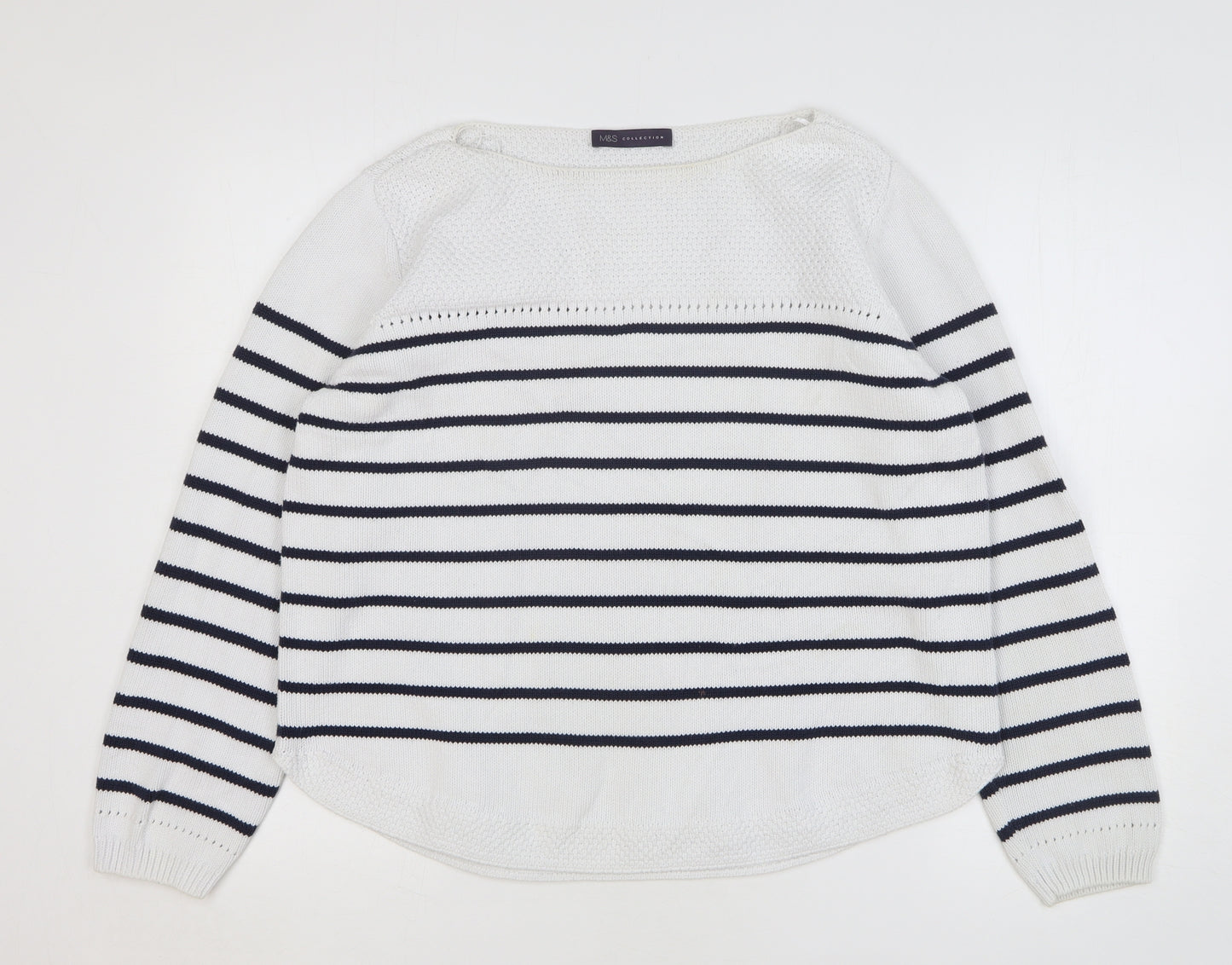 Marks and Spencer Womens White Boat Neck Striped Cotton Pullover Jumper Size 16