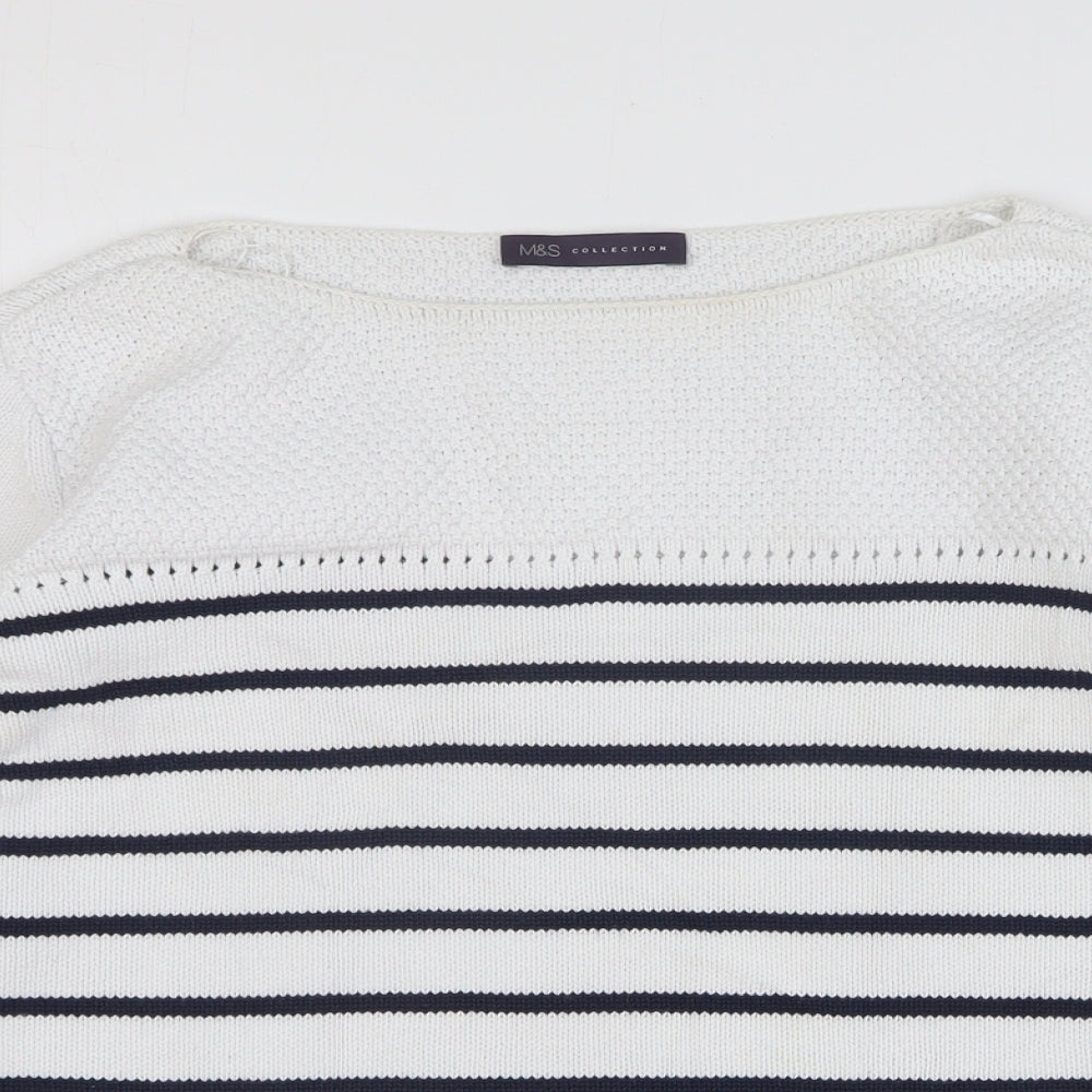 Marks and Spencer Womens White Boat Neck Striped Cotton Pullover Jumper Size 16