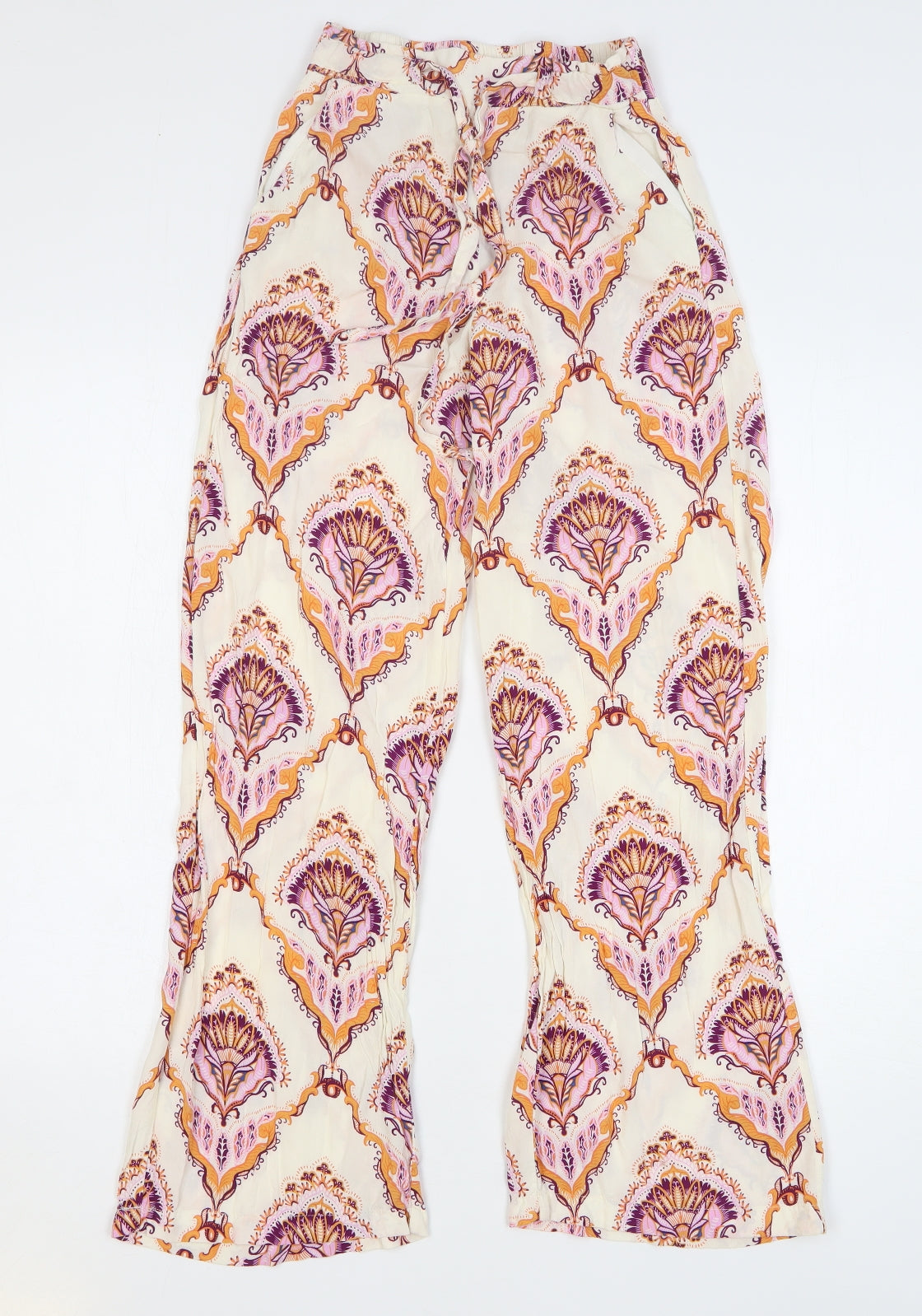 Primark Womens Beige Geometric Viscose Harem Trousers Size 6 L28 in Regular Drawstring