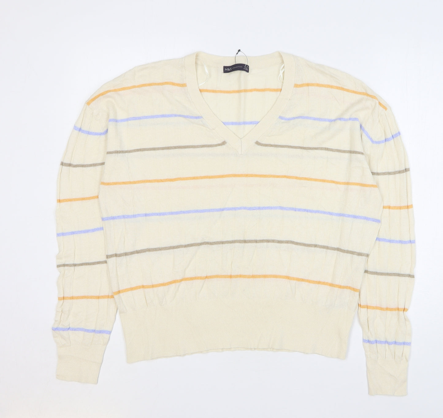 Marks and Spencer Womens Beige V-Neck Striped Viscose Pullover Jumper Size XL