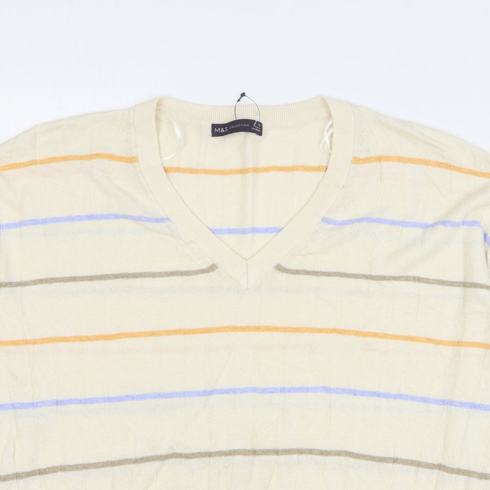 Marks and Spencer Womens Beige V-Neck Striped Viscose Pullover Jumper Size XL