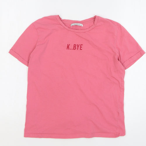 Pull & Bear Womens Pink Cotton Basic T-Shirt Size M Round Neck - K..Bye