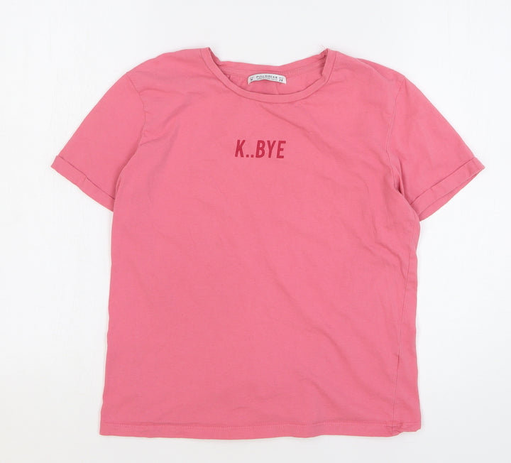 Pull & Bear Womens Pink Cotton Basic T-Shirt Size M Round Neck - K..Bye