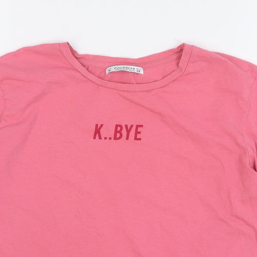 Pull & Bear Womens Pink Cotton Basic T-Shirt Size M Round Neck - K..Bye
