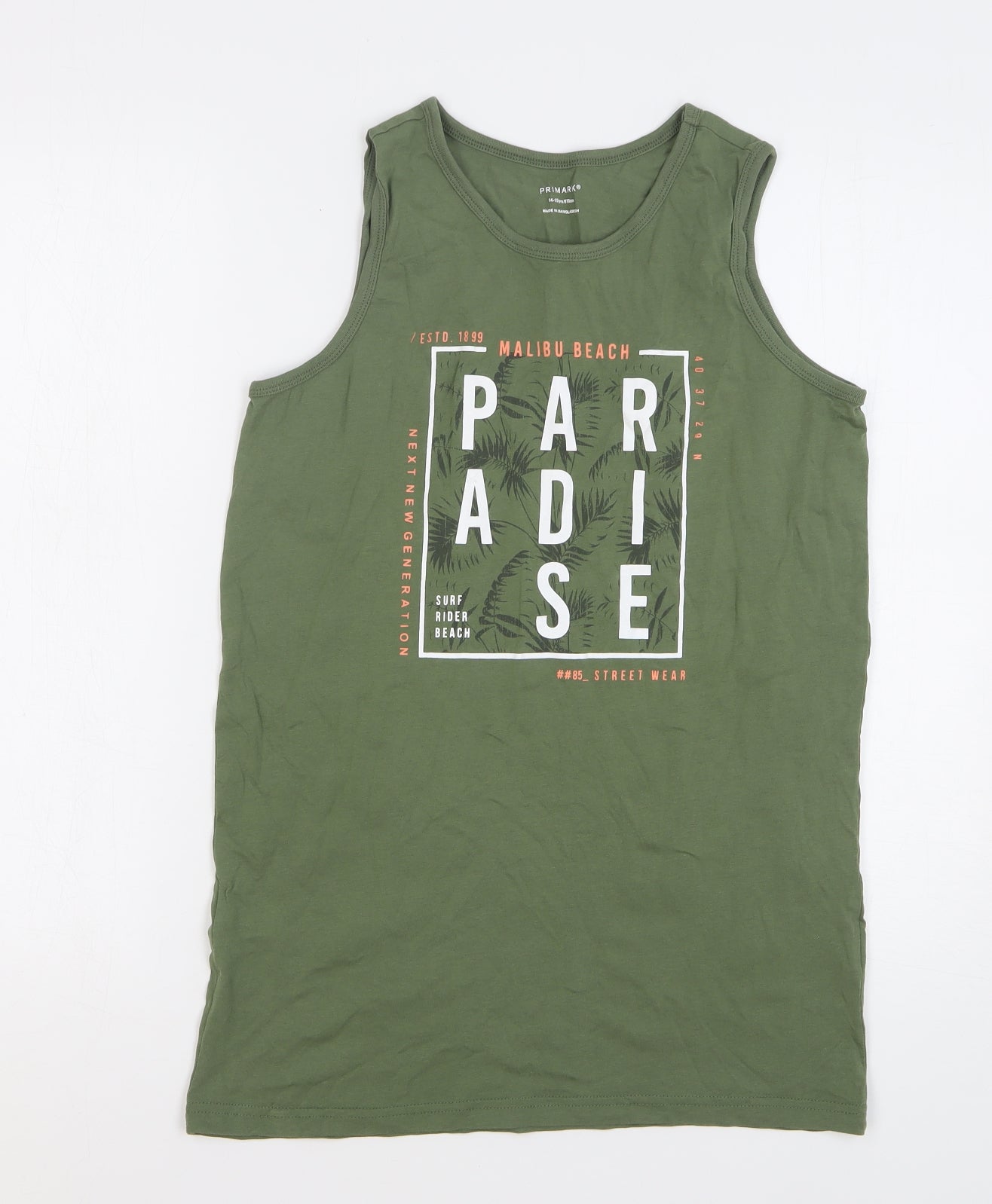 Primark Boys Green Floral Cotton Basic Tank Size 14-15 Years Round Neck Pullover - Paradise