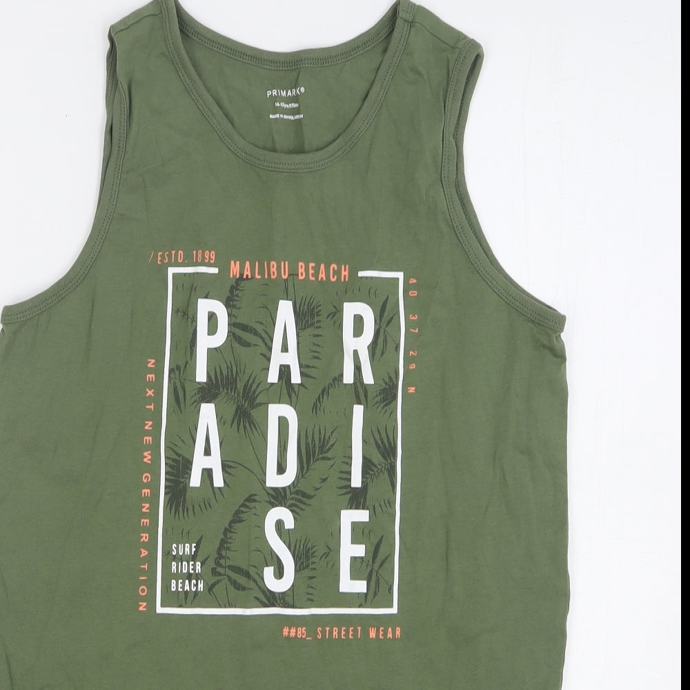 Primark Boys Green Floral Cotton Basic Tank Size 14-15 Years Round Neck Pullover - Paradise