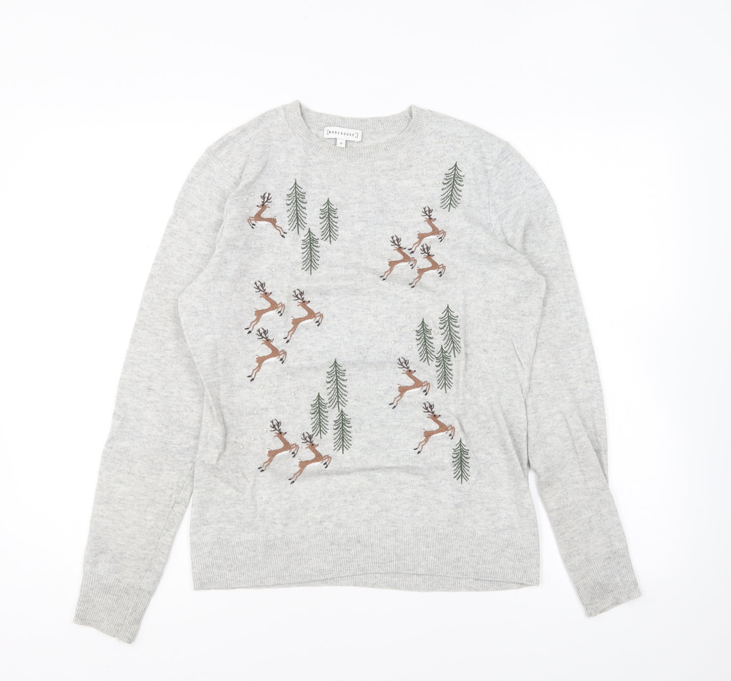 Warehouse Womens Grey Round Neck Cotton Pullover Jumper Size 10 - Christmas