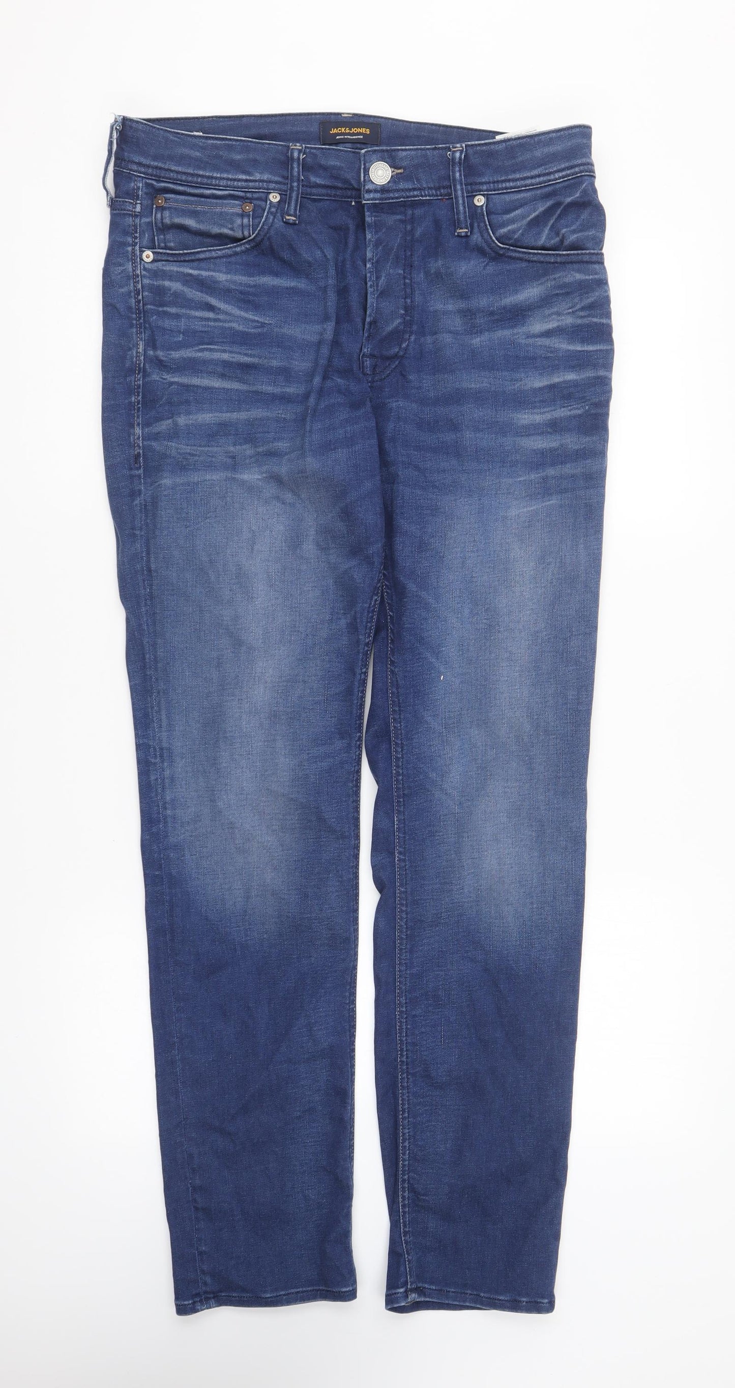 JACK & JONES Mens Blue Cotton Straight Jeans Size 32 in L32 in Regular Button