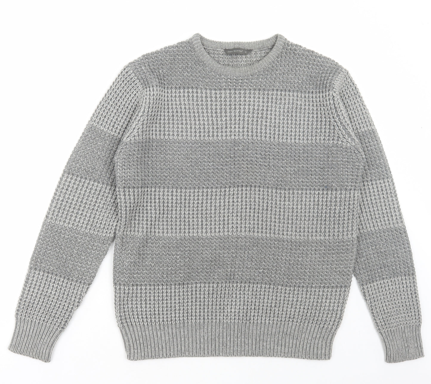 Cedar Wood State Mens Grey Round Neck Striped Acrylic Pullover Jumper Size M