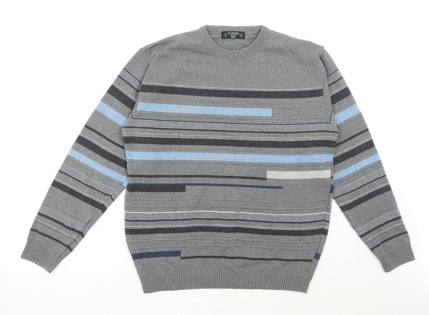Dunnes Stores Mens Grey Round Neck Striped Cotton Pullover Jumper Size M