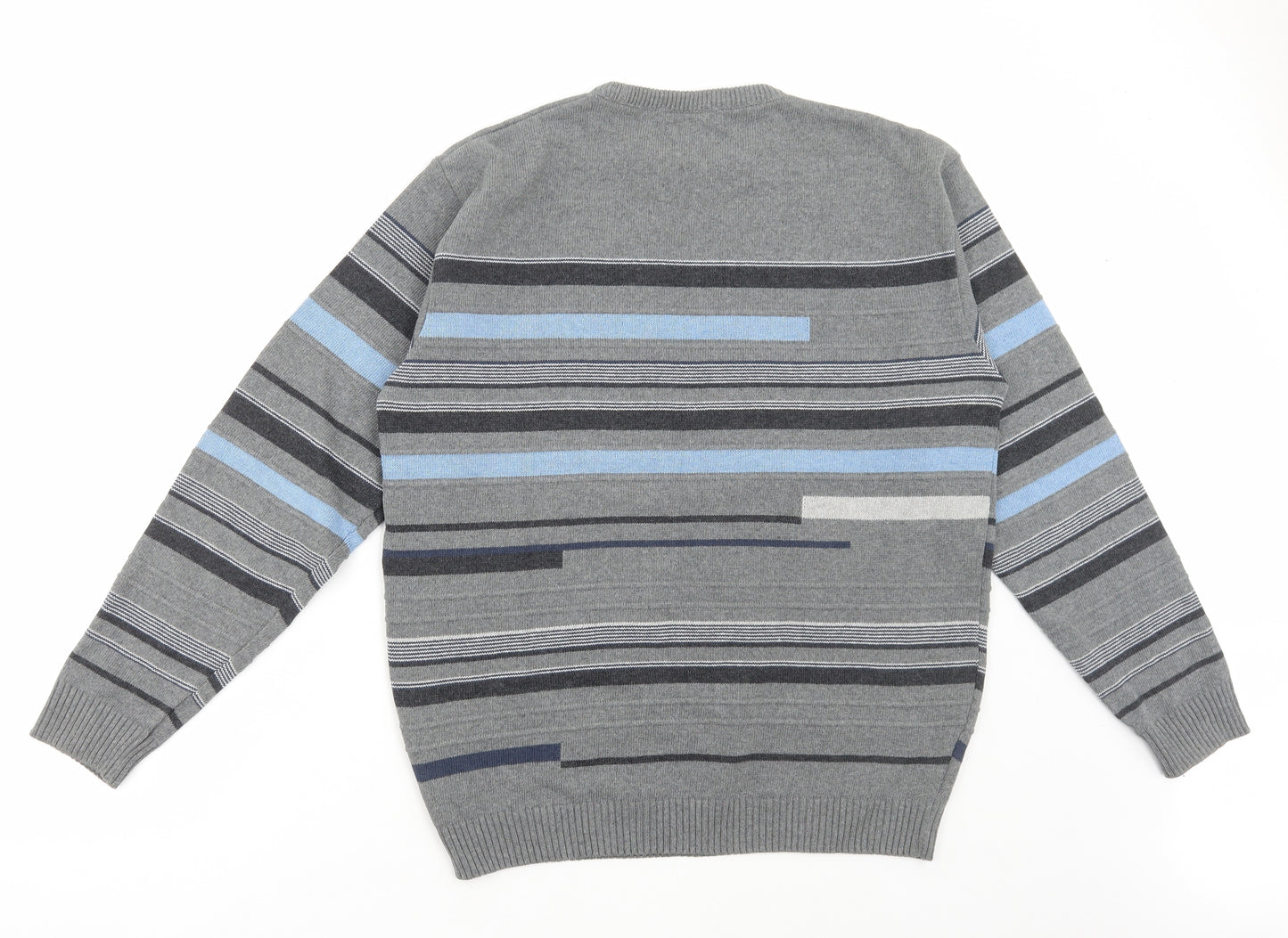 Dunnes Stores Mens Grey Round Neck Striped Cotton Pullover Jumper Size M