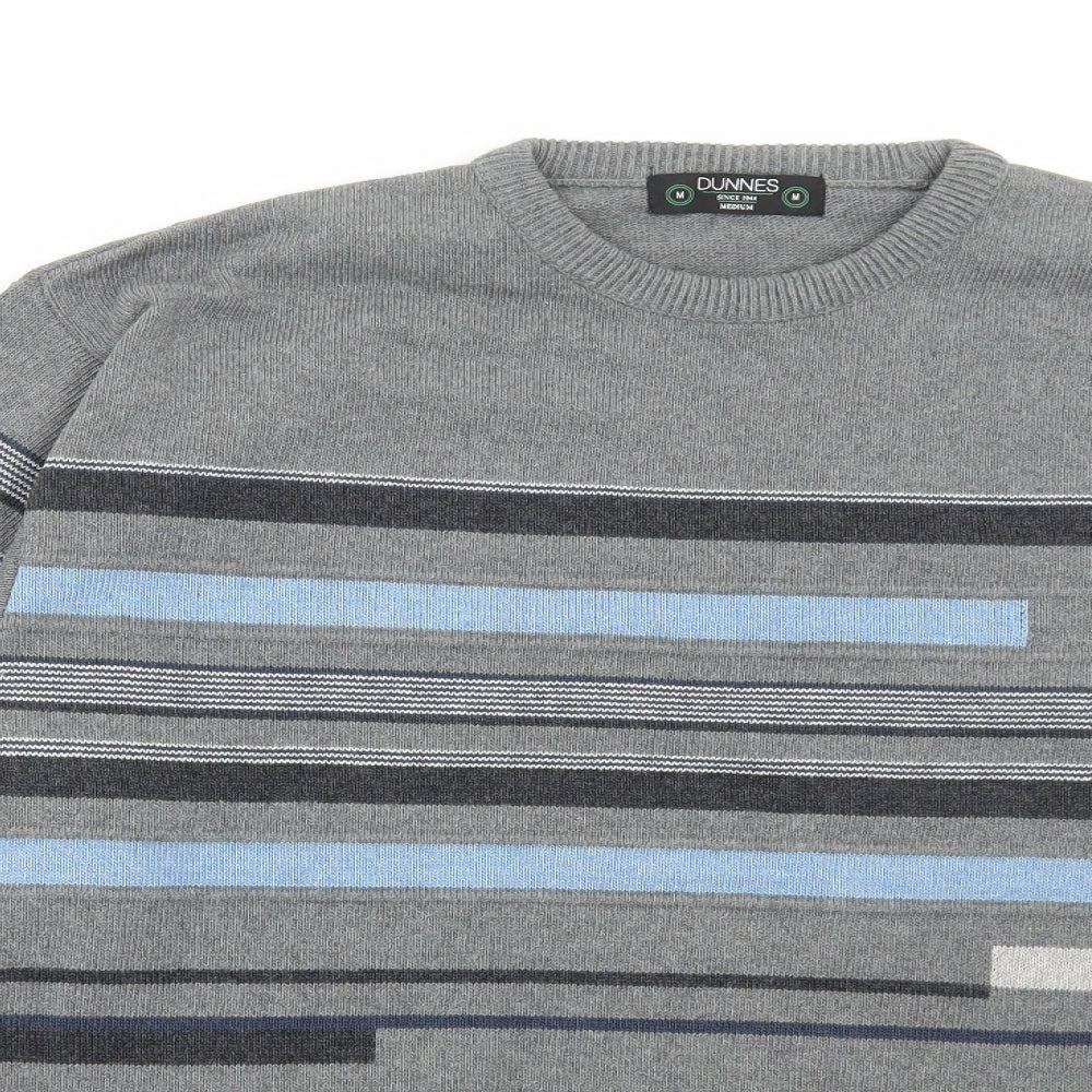 Dunnes Stores Mens Grey Round Neck Striped Cotton Pullover Jumper Size M