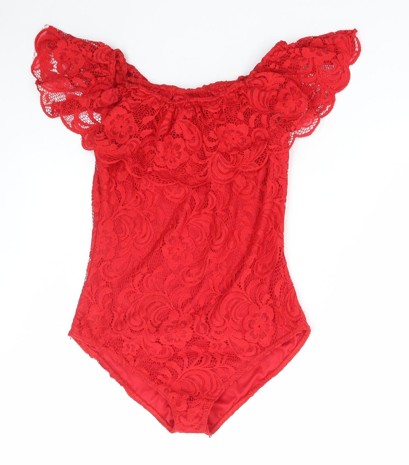Preworn Womens Red Polyester Bodysuit One-Piece Size 14 Snap - Lace Detail