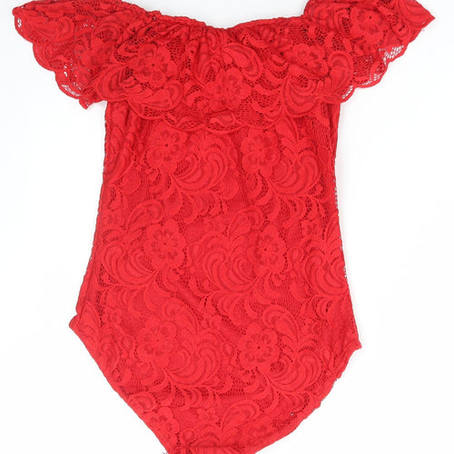 Preworn Womens Red Polyester Bodysuit One-Piece Size 14 Snap - Lace Detail