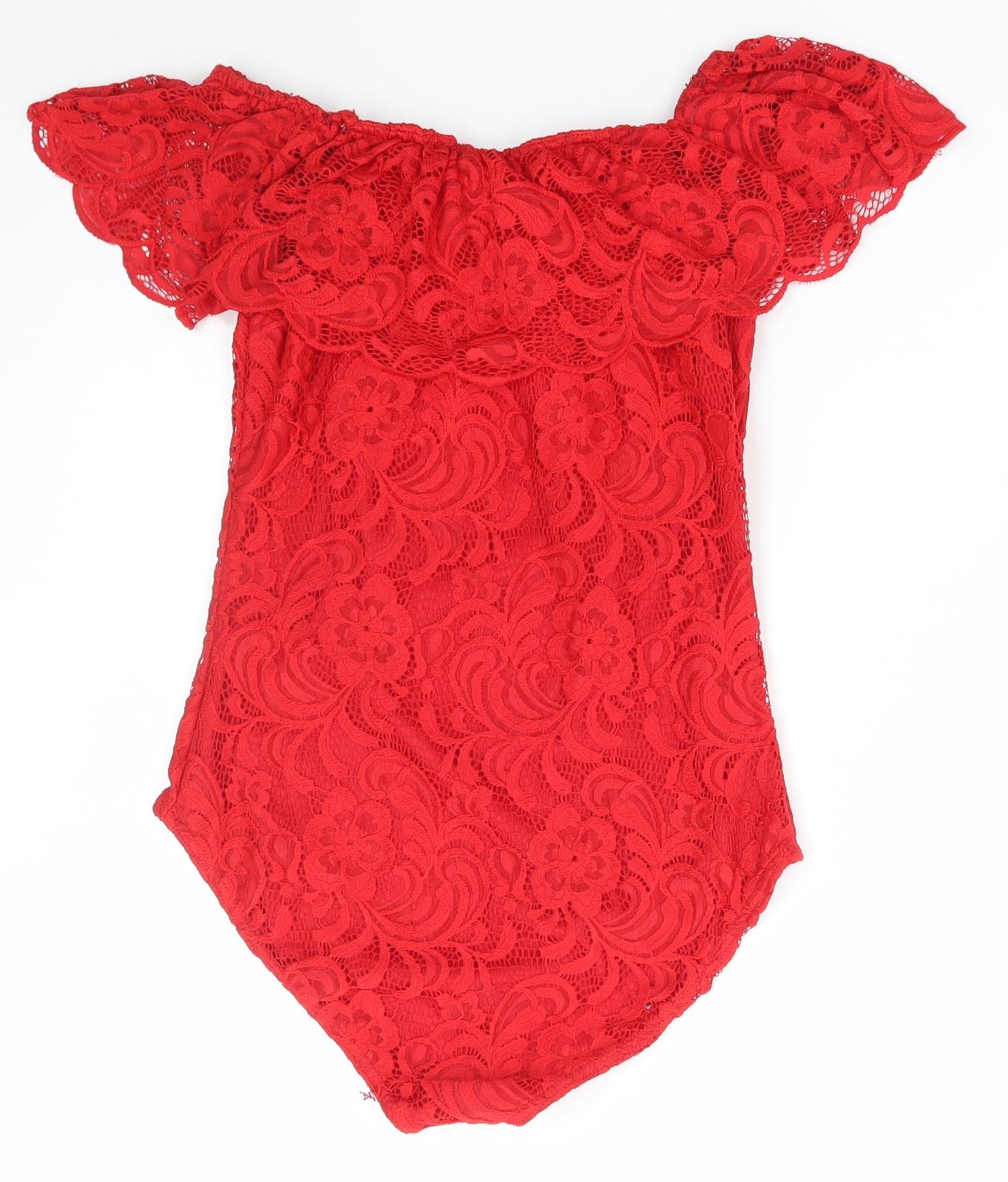 Preworn Womens Red Polyester Bodysuit One-Piece Size 14 Snap - Lace Detail