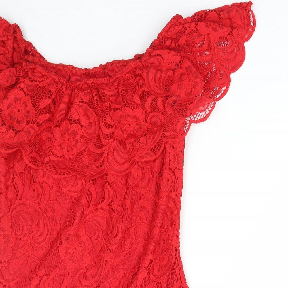 Preworn Womens Red Polyester Bodysuit One-Piece Size 14 Snap - Lace Detail