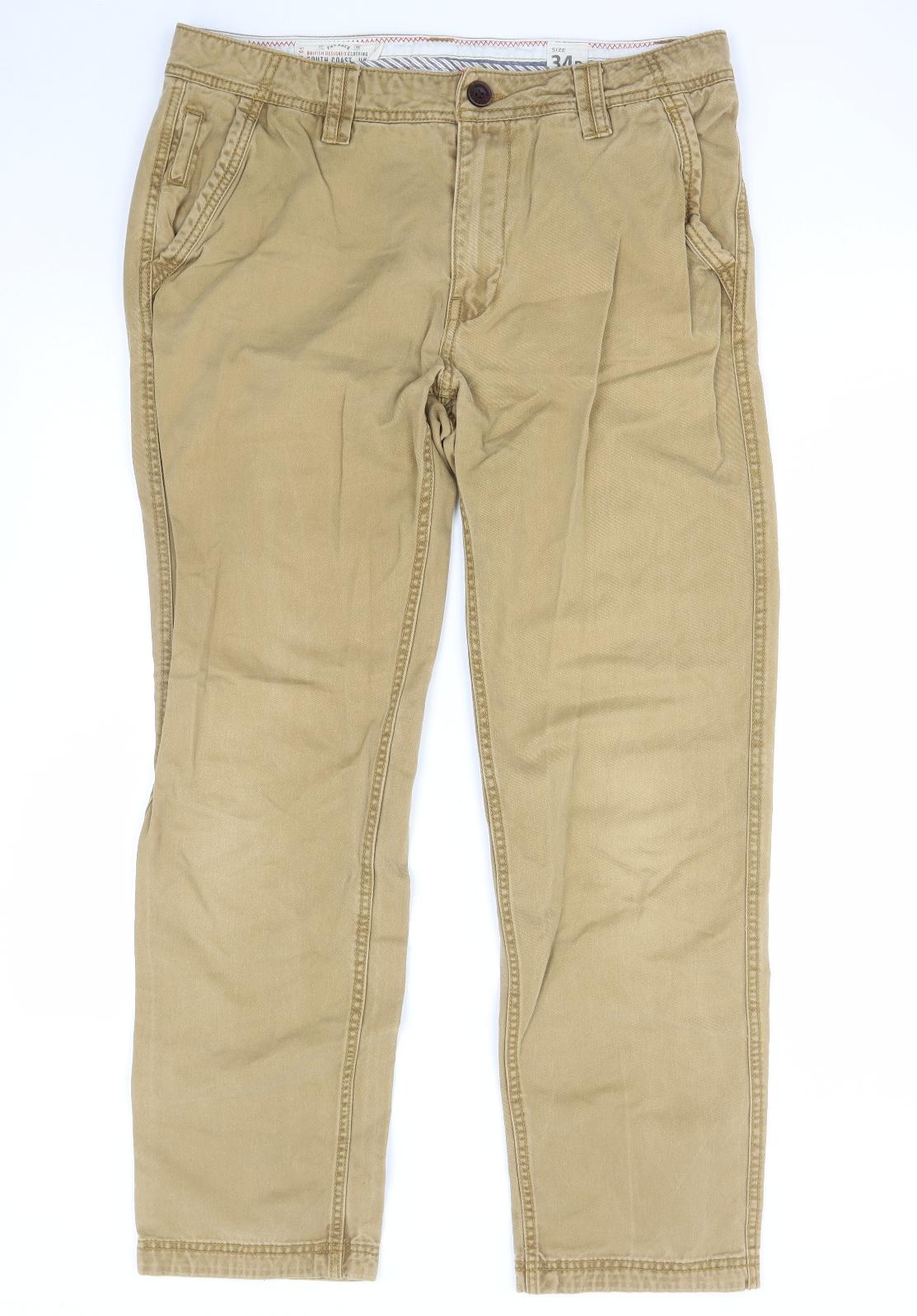 Fat Face Mens Beige Cotton Chino Trousers Size 34 in L30 in Regular Zip