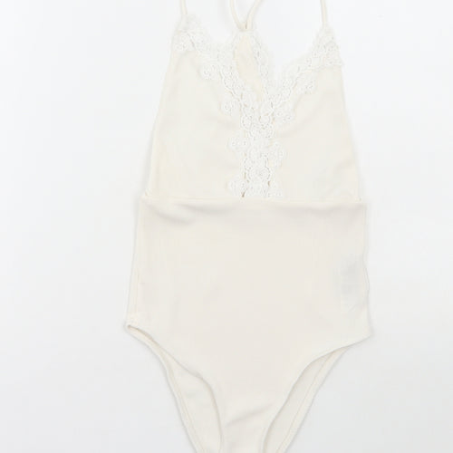 Topshop Womens White Polyester Bodysuit One-Piece Size 6 Snap - Lace Detail