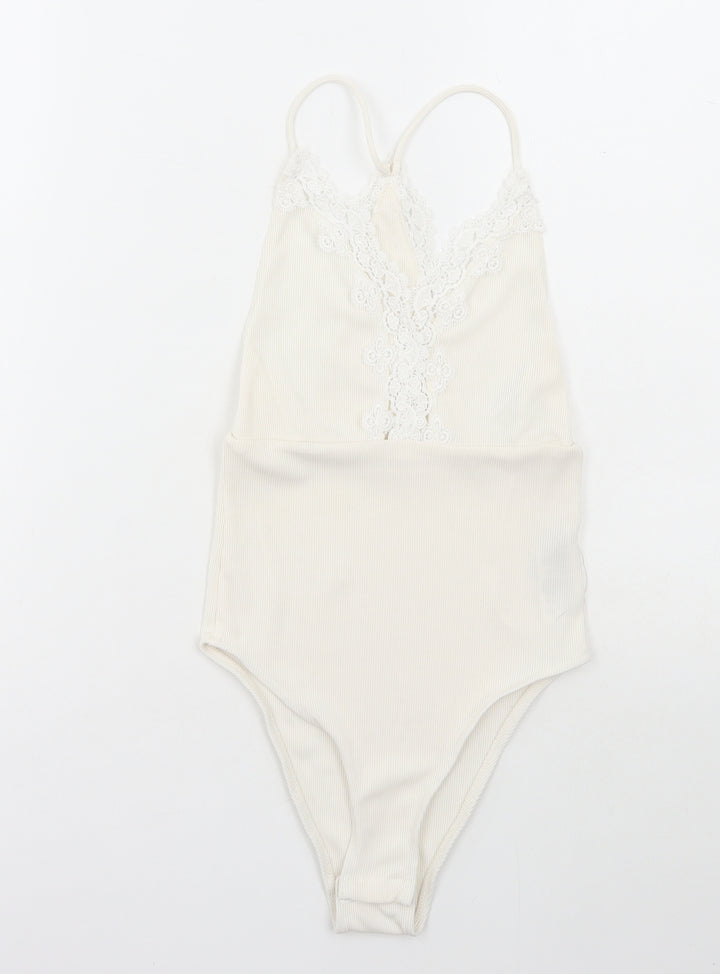 Topshop Womens White Polyester Bodysuit One-Piece Size 6 Snap - Lace Detail