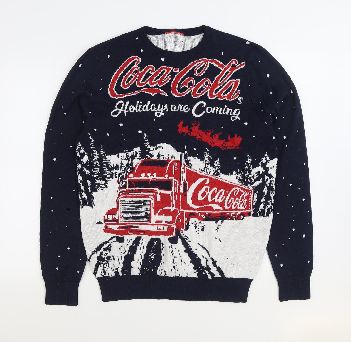 Primark Mens Blue Round Neck Acrylic Pullover Jumper Size L - Christmas Coca Cola
