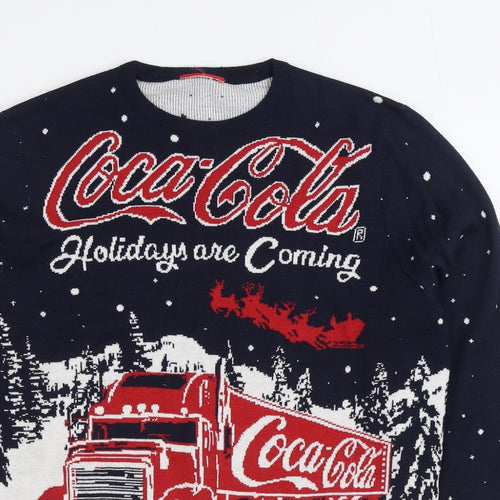 Primark Mens Blue Round Neck Acrylic Pullover Jumper Size L - Christmas Coca Cola