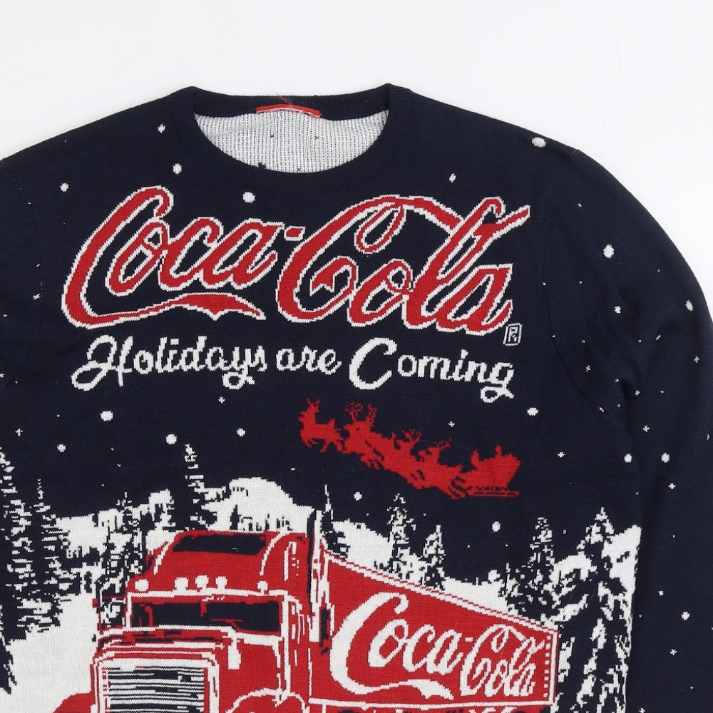 Primark Mens Blue Round Neck Acrylic Pullover Jumper Size L - Christmas Coca Cola