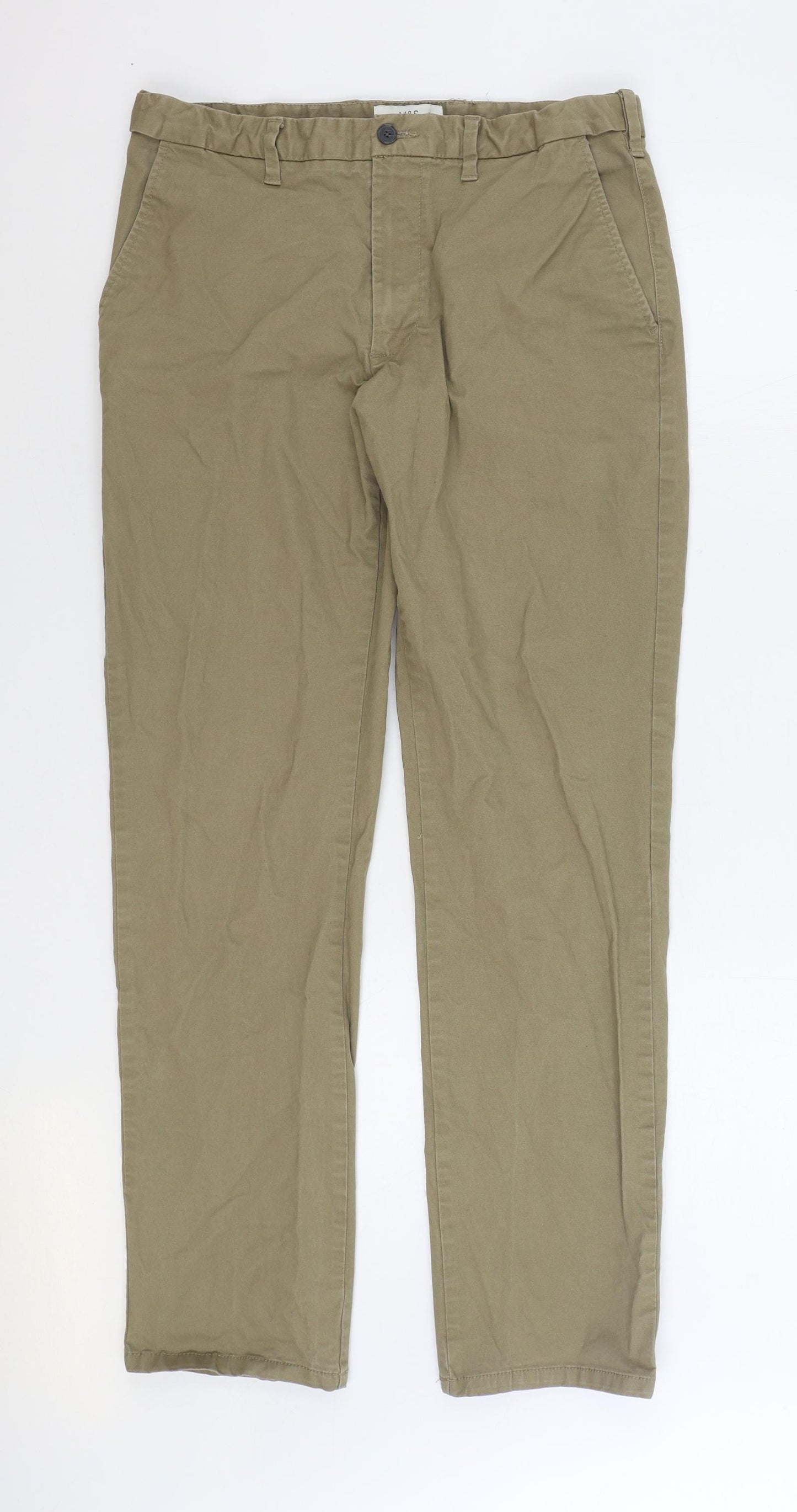Marks and Spencer Mens Brown Cotton Trousers Size 34 in L33 in Regular Zip