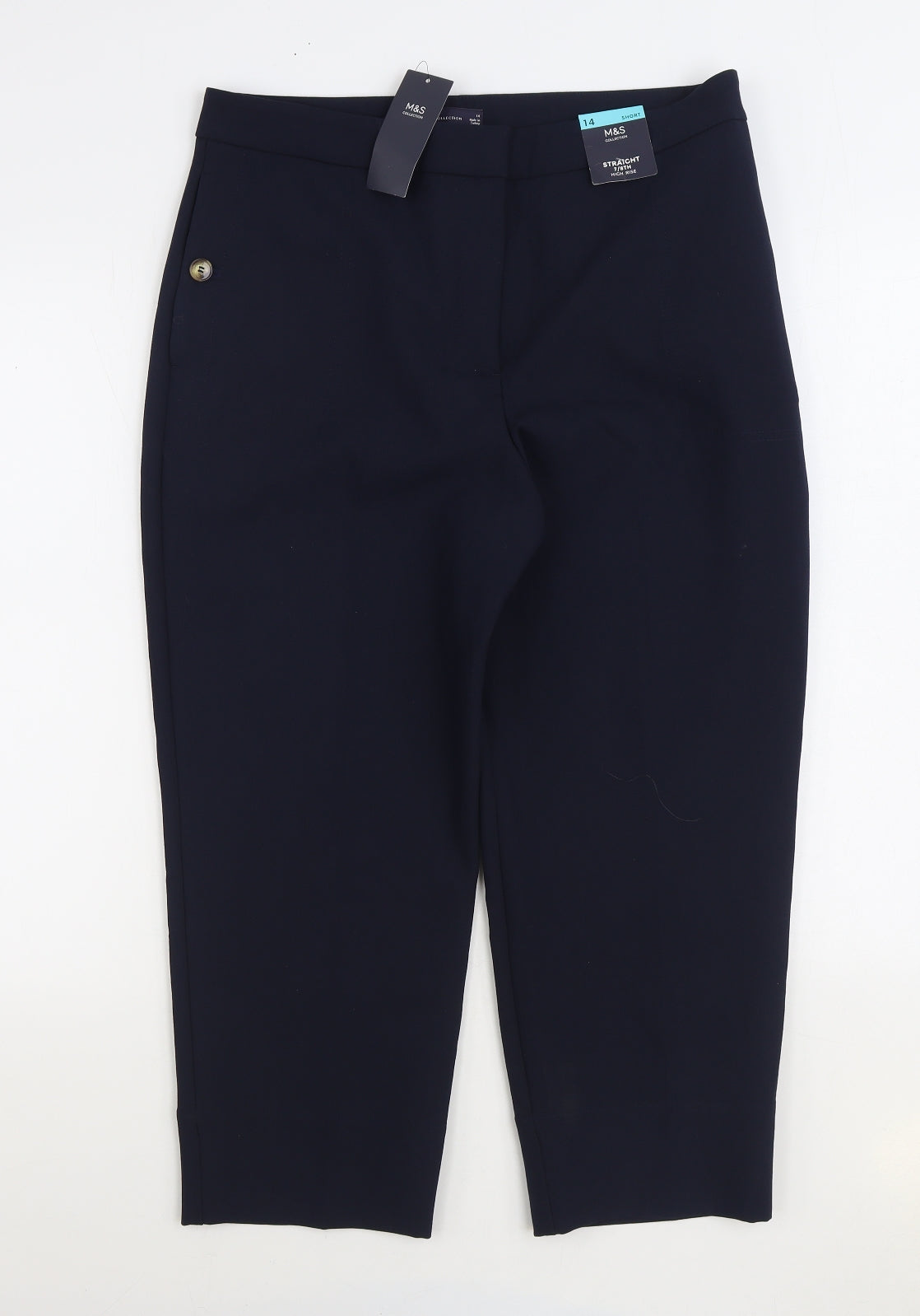 Marks and Spencer Womens Blue Polyester Cropped Trousers Size 14 L24 in Regular Zip