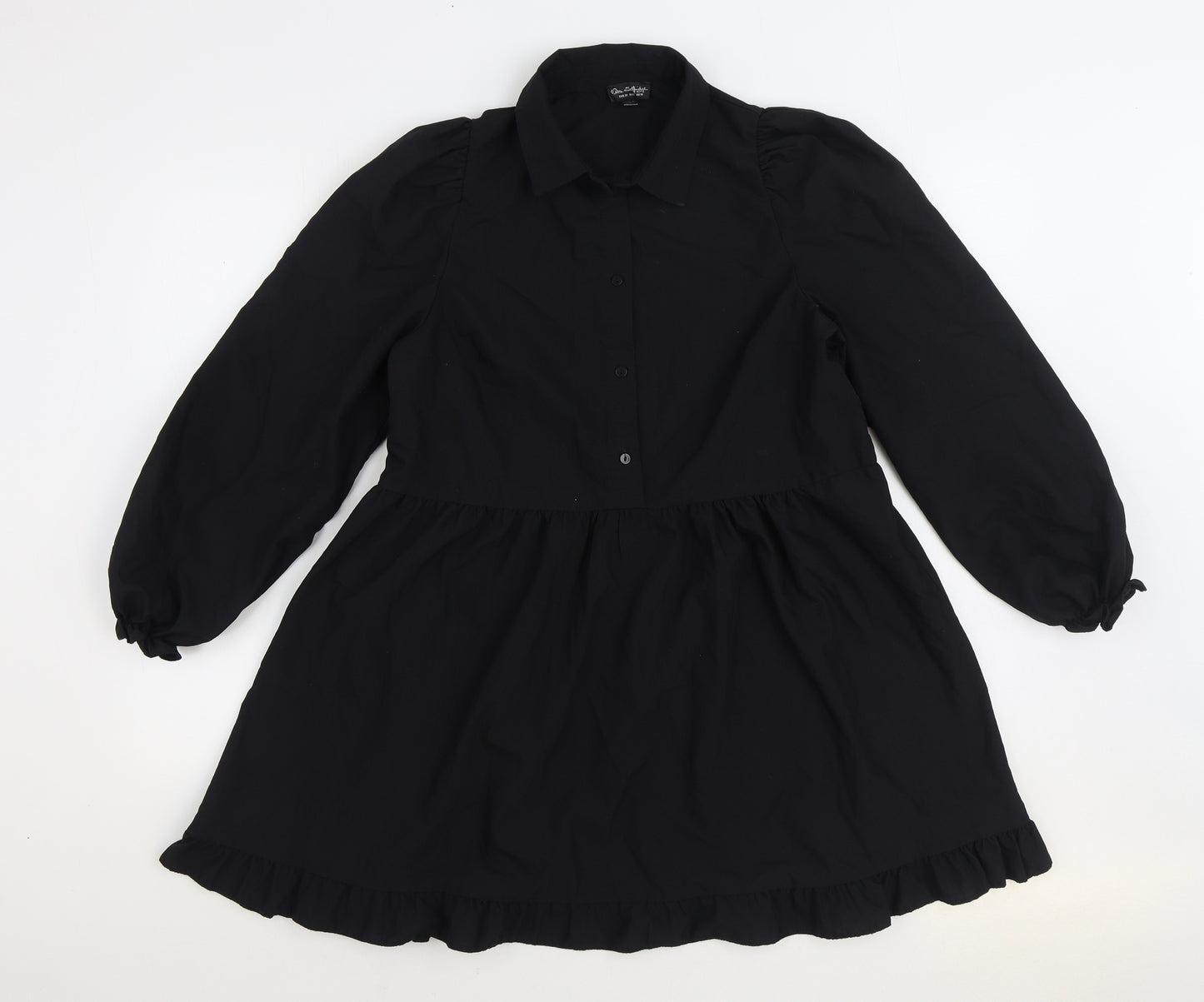 Miss Selfridge Womens Black 100% Cotton Skater Dress Size 10 Collared Button