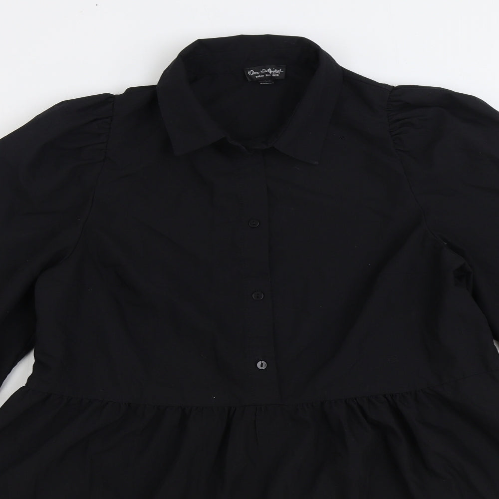 Miss Selfridge Womens Black 100% Cotton Skater Dress Size 10 Collared Button