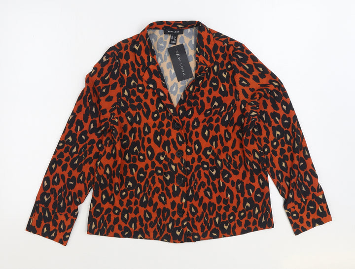 New Look Womens Orange Animal Print Polyester Basic Button-Up Size 8 Collared