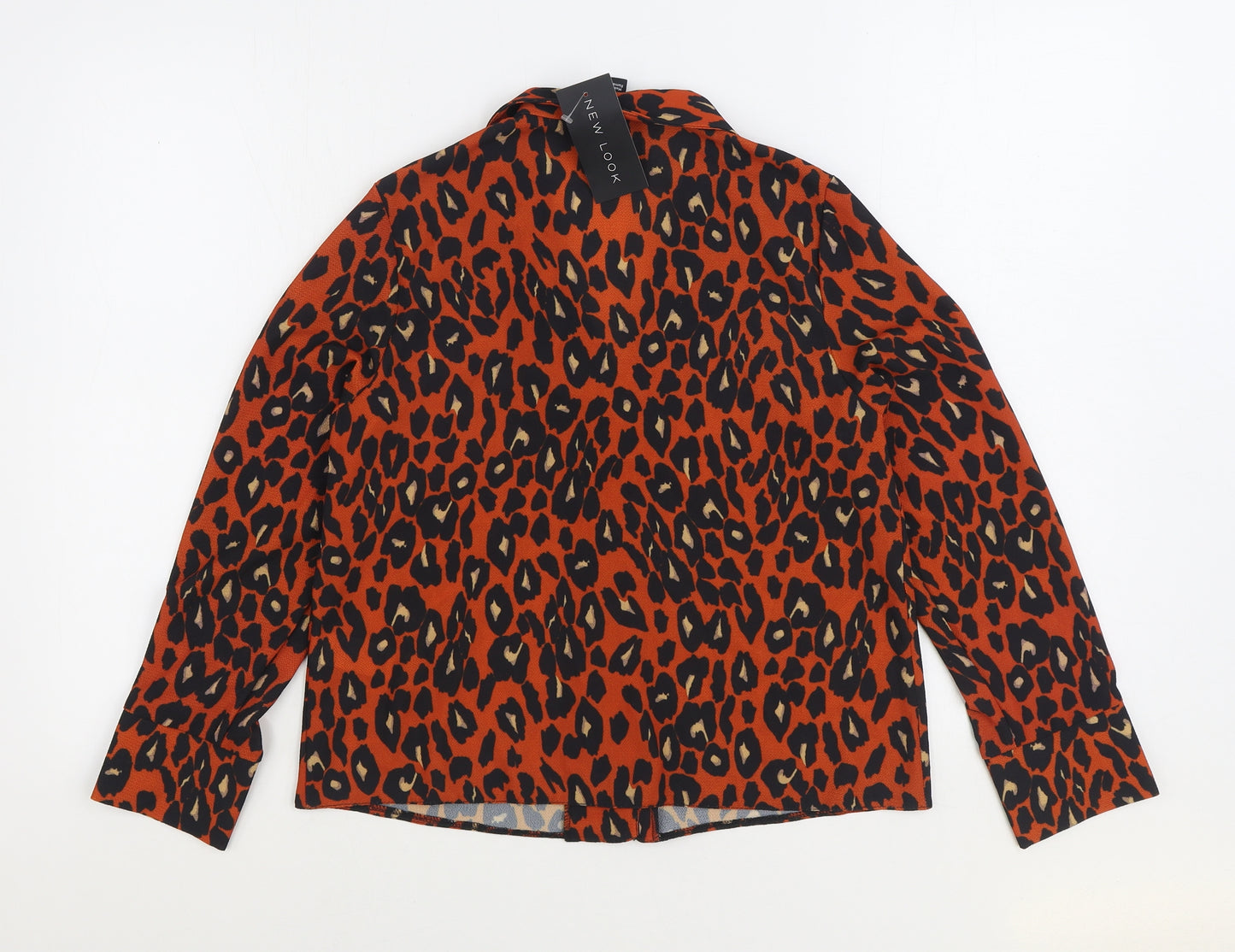 New Look Womens Orange Animal Print Polyester Basic Button-Up Size 8 Collared