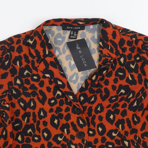 New Look Womens Orange Animal Print Polyester Basic Button-Up Size 8 Collared
