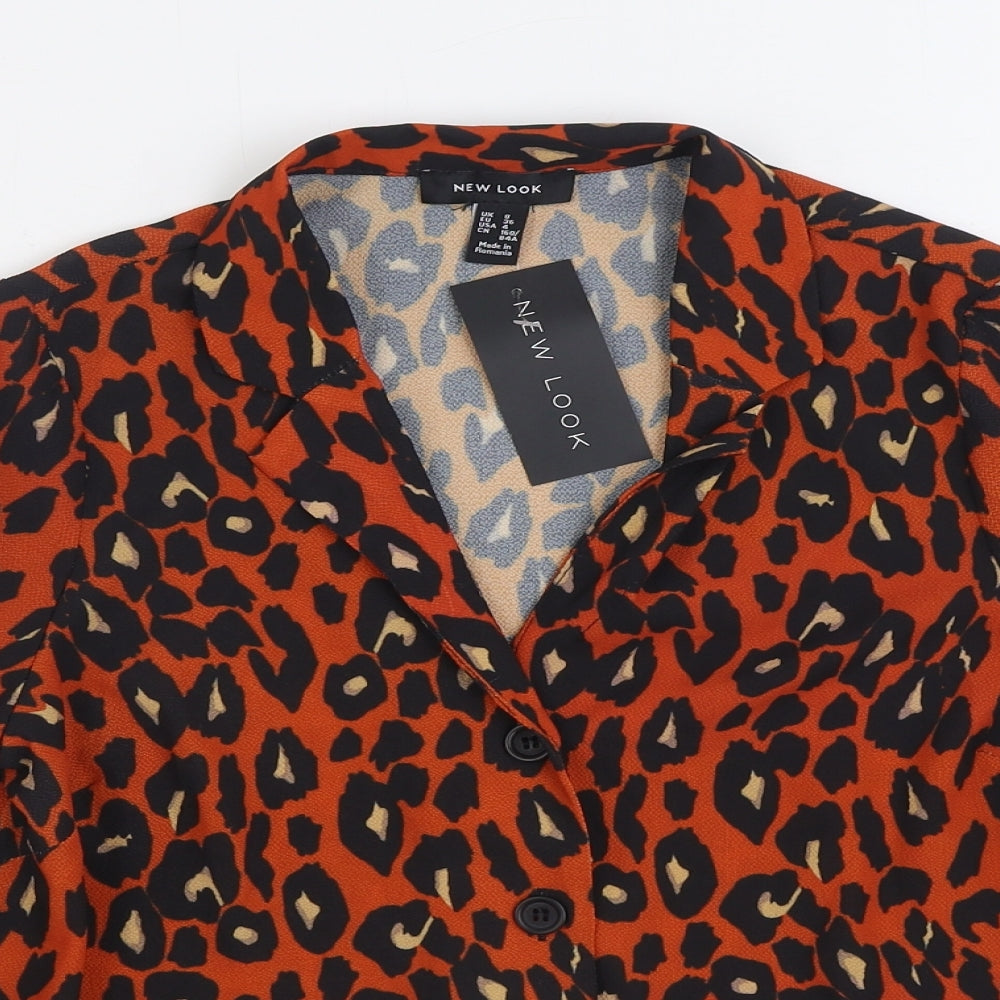 New Look Womens Orange Animal Print Polyester Basic Button-Up Size 8 Collared