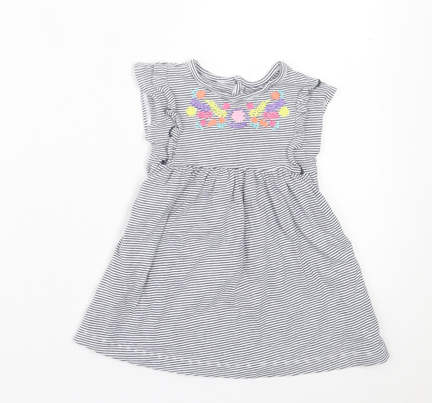 Dunnes Stores Girls White Striped Cotton A-Line Size 12-18 Months Crew Neck Button - Floral Detail