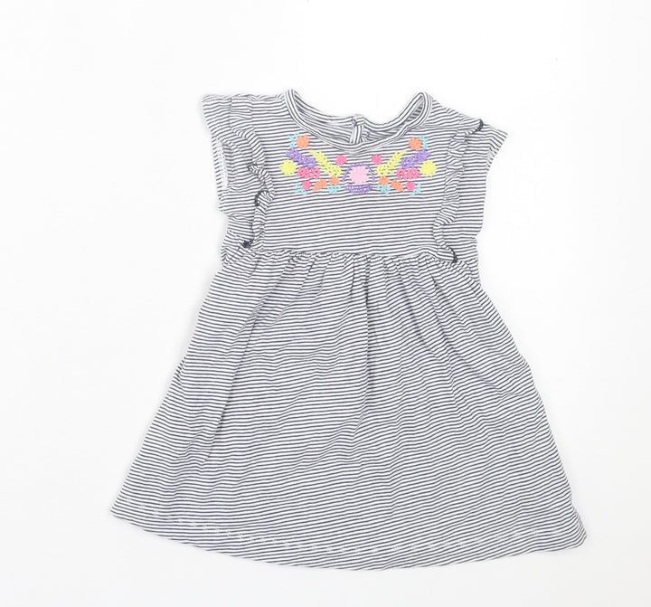 Dunnes Stores Girls White Striped Cotton A-Line Size 12-18 Months Crew Neck Button - Floral Detail