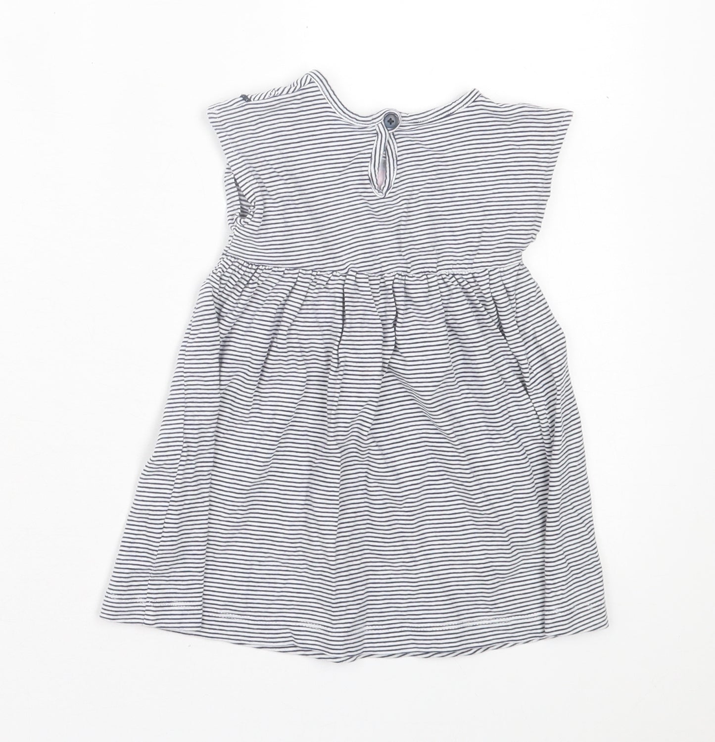 Dunnes Stores Girls White Striped Cotton A-Line Size 12-18 Months Crew Neck Button - Floral Detail
