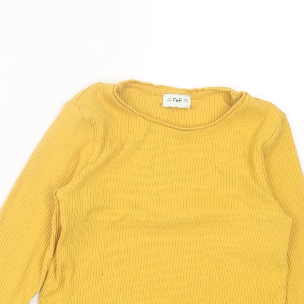 F&F Girls Yellow Cotton Basic Casual Size 6-7 Years Crew Neck Pullover - Ribbed Fabric