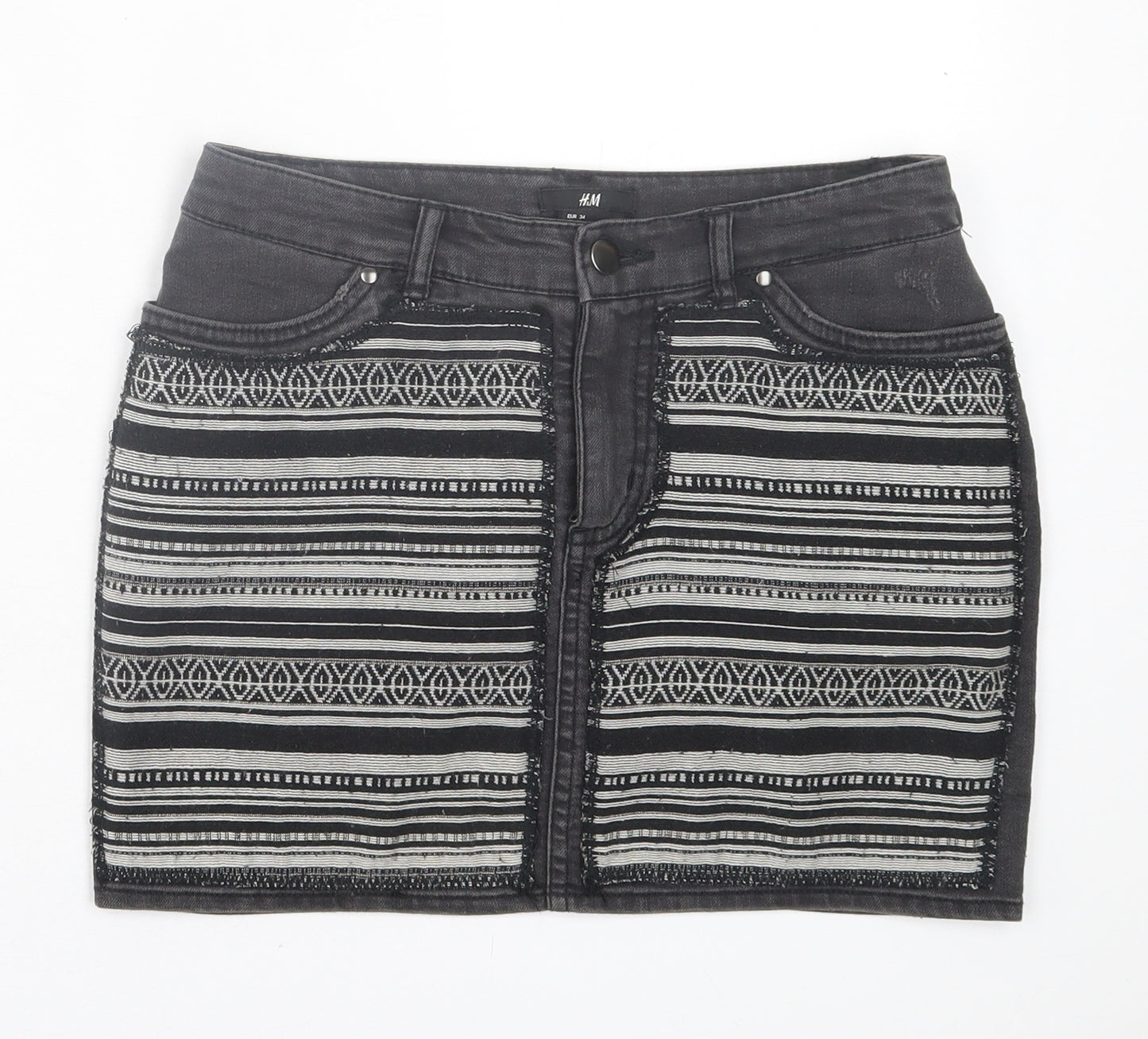 H&M Womens Grey Geometric Cotton A-Line Skirt Size 6 Button