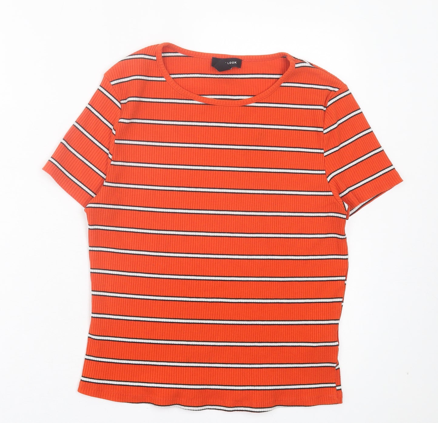 NEXT Womens Orange Striped Polyester Basic T-Shirt Size 16 Crew Neck